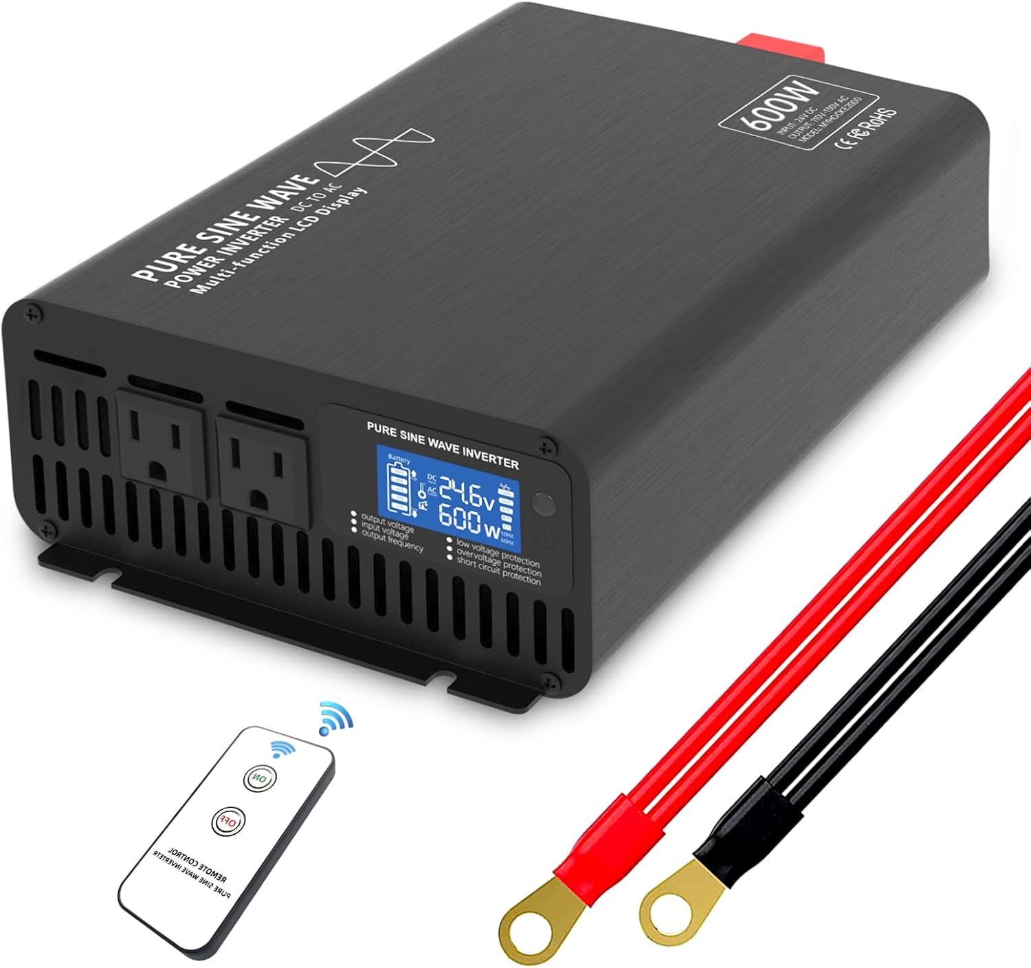 600W Pure Sine Wave Power Inverter DC 24V to AC 110V-130V with LCD Display and Wireless Remote Control D770