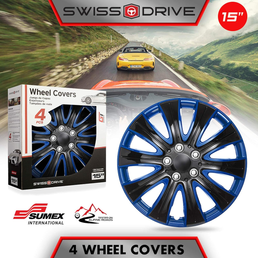 15 Inch Set of 4 Black and Blue Car Wheel Hubcaps Z230