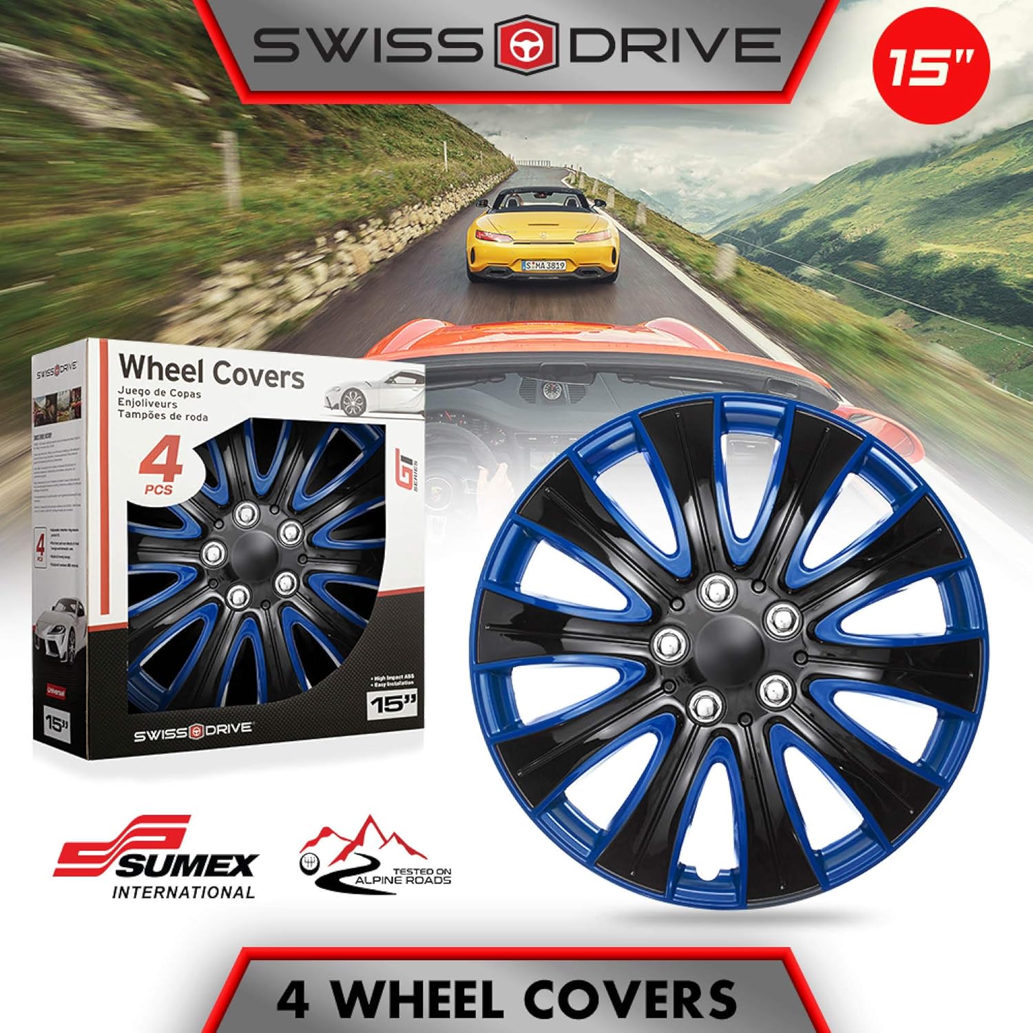 15 Inch Set of 4 Black and Blue Car Wheel Hubcaps Z230