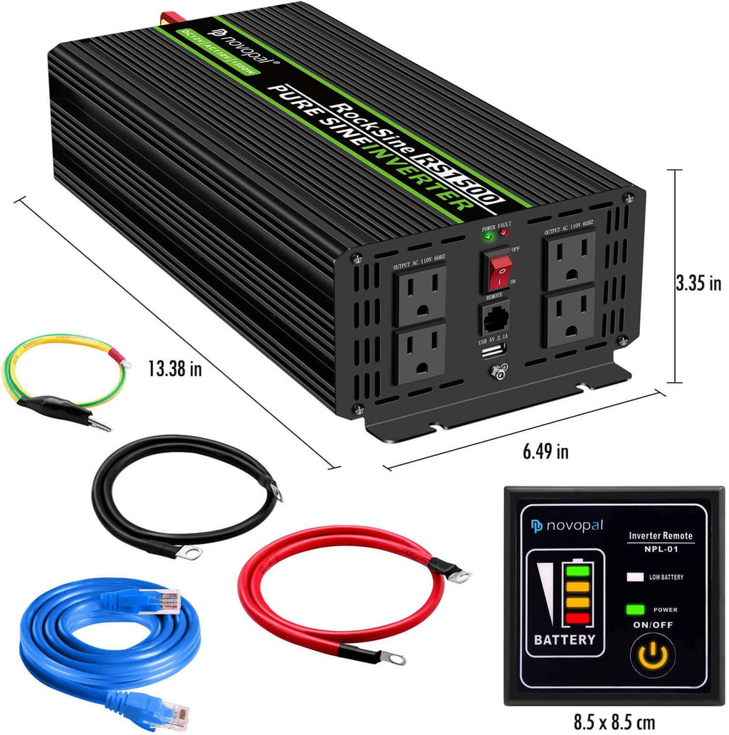 1500 Watt 12V DC to 110V AC Pure Sine Wave Power Inverter with 4 AC Outlets and Remote Control H7877