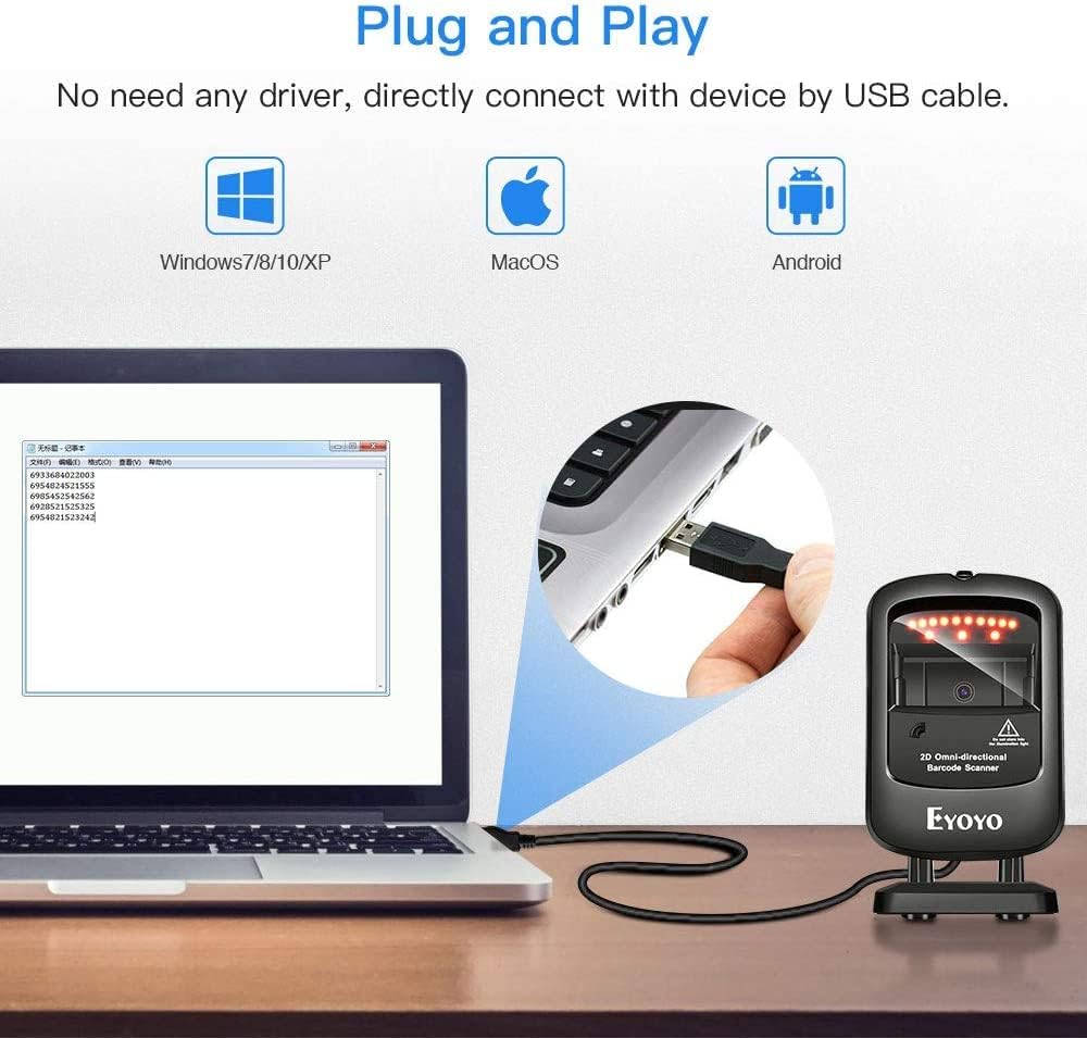 2D Desktop Barcode Scanner, Omnidirectional Hands-Free USB Wired Barcode Reader D671804