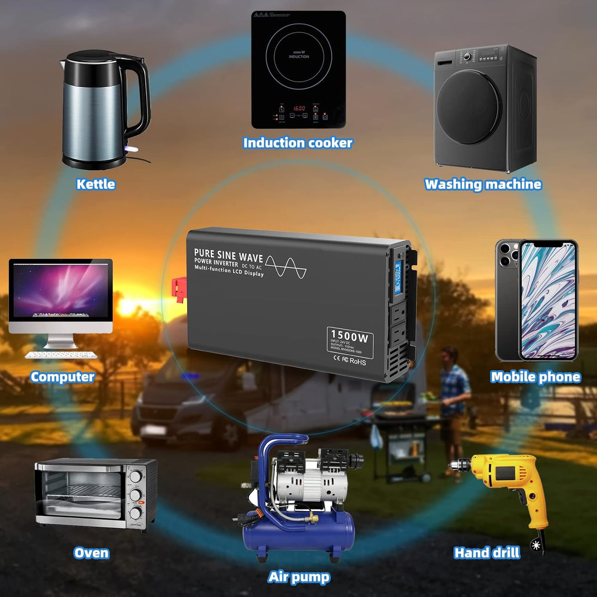 600W Pure Sine Wave Power Inverter DC 24V to AC 110V-130V with LCD Display and Wireless Remote Control D770