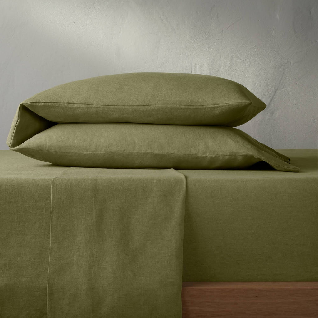 Moss Green California King 100% Washed Linen Solid Sheet Set M63245