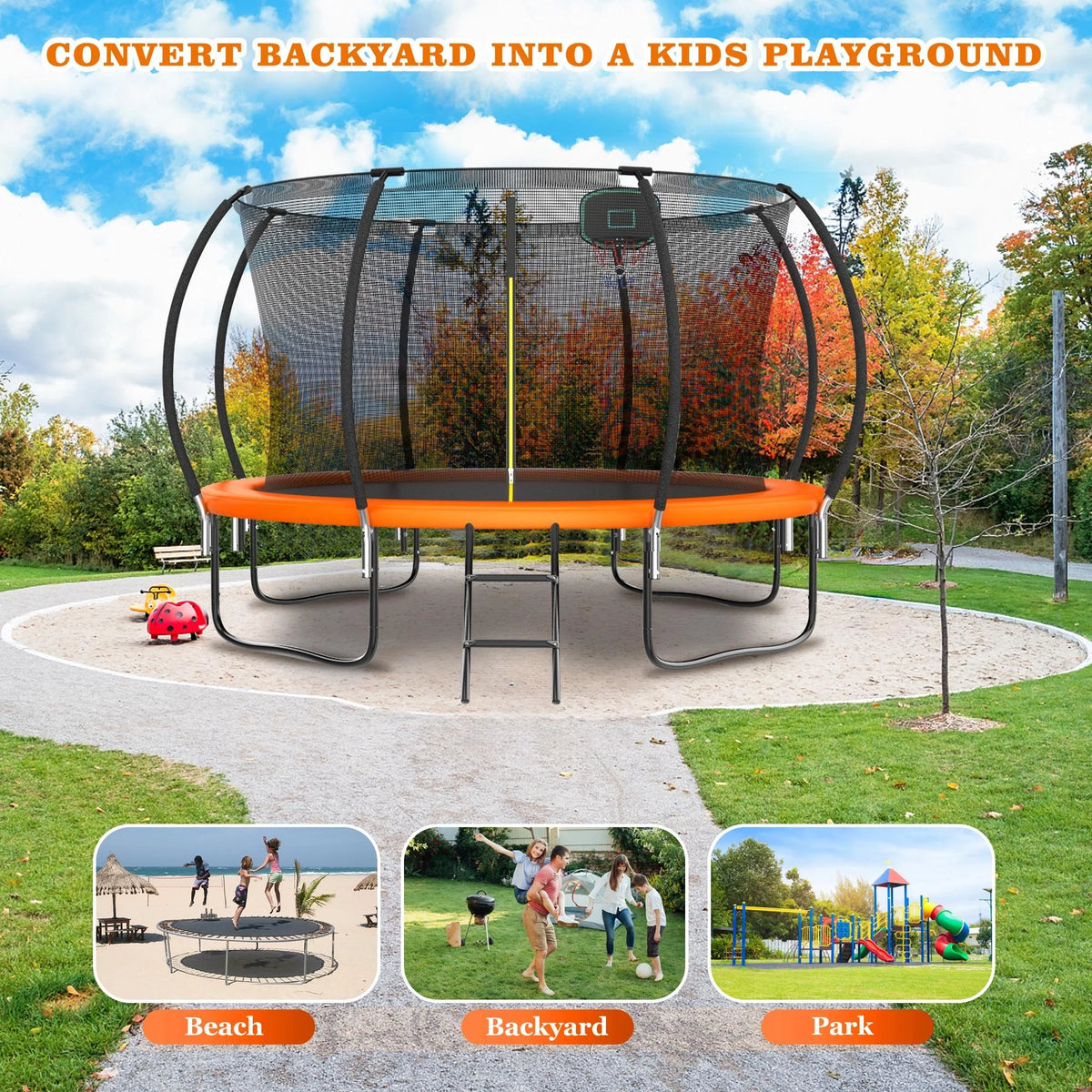 12FT Outdoor Kids Trampoline with Basketball Hoop & Enclosure G7166