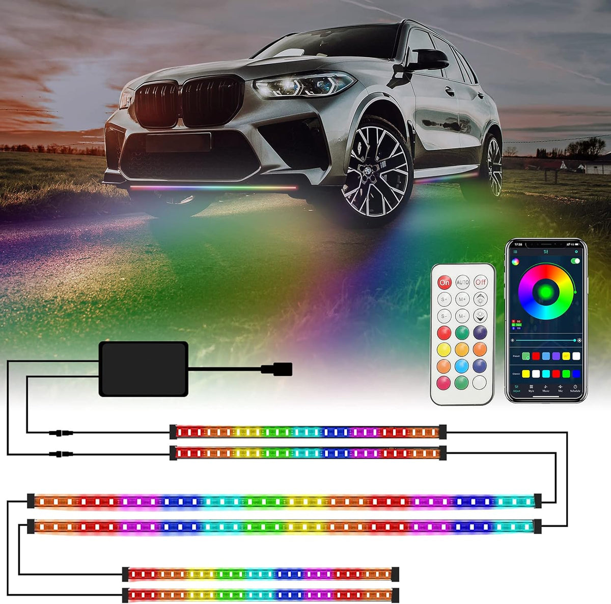 Vehicle Underglow LED Strip Lights with Bluetooth APP Control 12V Underbody Light Kit Pack of 2 T514