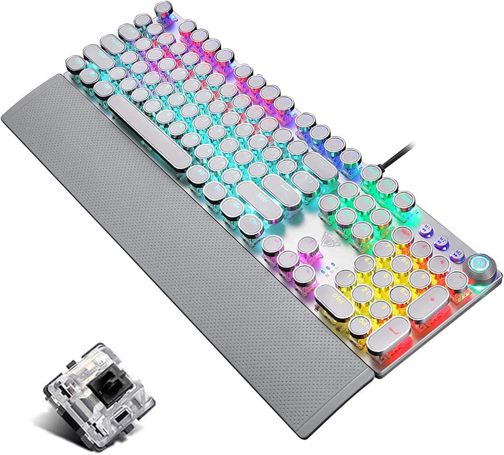Retro Steampunk Mechanical Gaming Keyboard, Metal Panel, Black Switches, LED Backlit, USB Wired, Hand Rest, Typewriter-Style Round Keycaps V772570