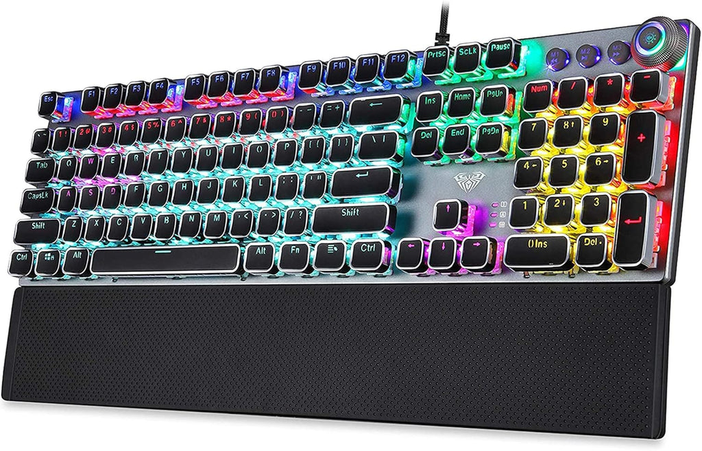Retro Steampunk Mechanical Gaming Keyboard, Metal Panel, Black Switches, LED Backlit, USB Wired, Hand Rest, Typewriter-Style Round Keycaps V772570