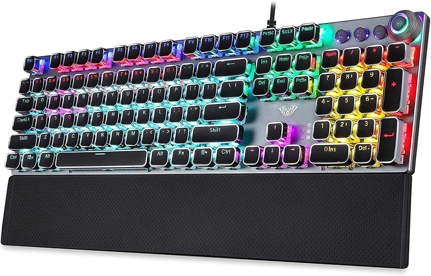 Retro Steampunk Mechanical Gaming Keyboard, Metal Panel, Black Switches, LED Backlit, USB Wired, Hand Rest, Typewriter-Style Round Keycaps V772570
