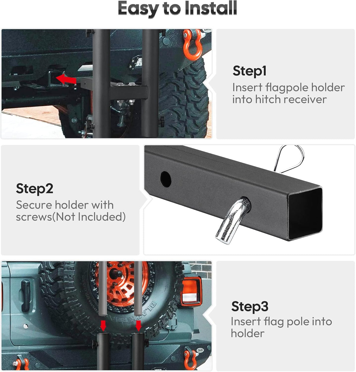 2 Hitch Mount Flagpole Holder with Anti-Wobble Screw Black O1278
