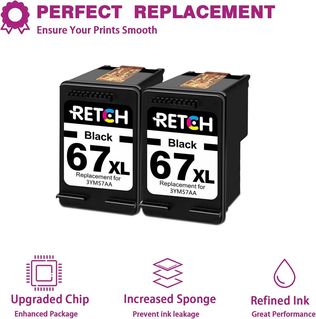 Black Ink Cartridges for HP 67XL Printer (2 Black) P65067