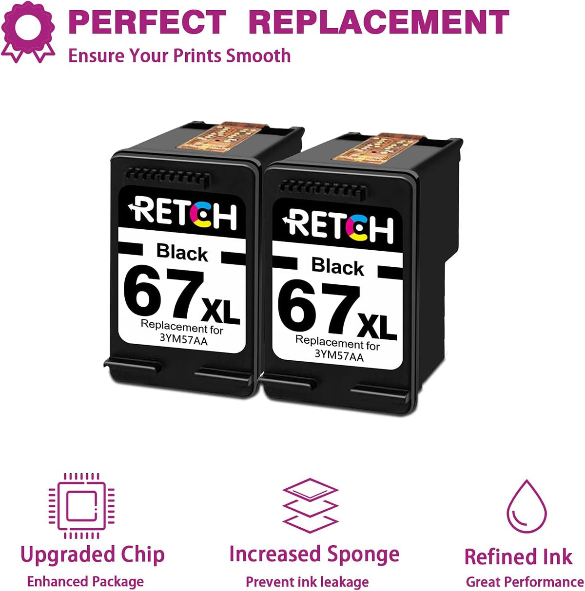 Black Ink Cartridges for HP 67XL Printer (2 Black) P65067