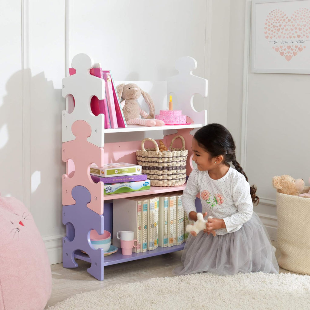 Wooden Puzzle Piece Bookcase with Three Shelves, Pastel G7217