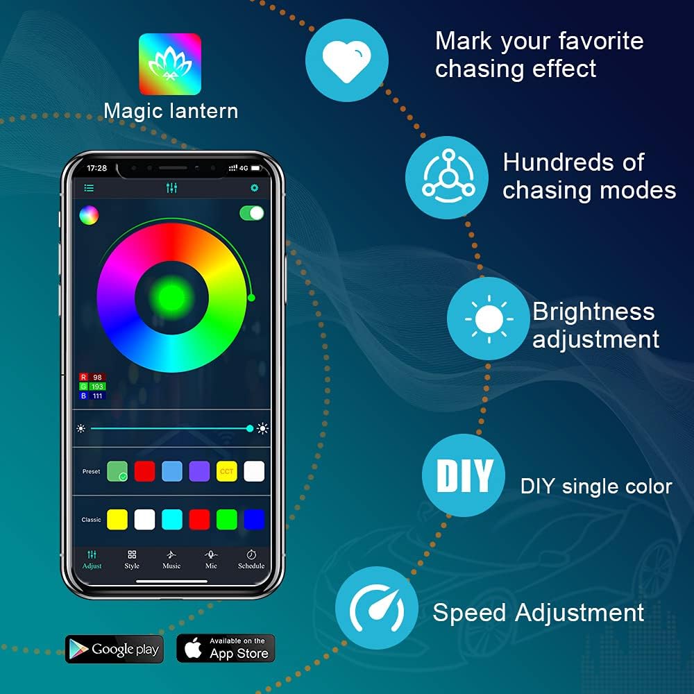 Vehicle Underglow LED Strip Lights with Bluetooth APP Control 12V Underbody Light Kit Pack of 2 T514