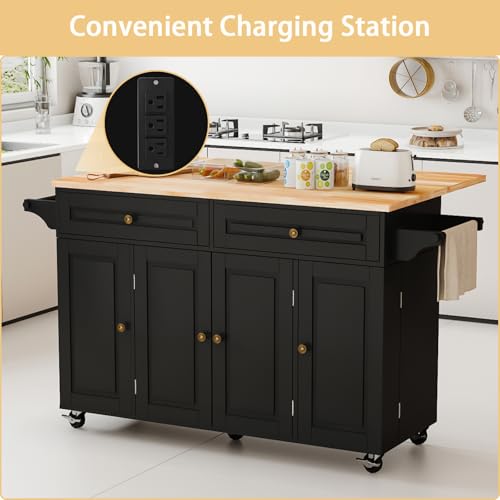 White Movable Kitchen Island with Drop Leaf and Power Outlet M6441