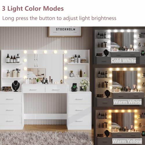 White Vanity Desk with Mirror & Lights, 8 Drawers H131