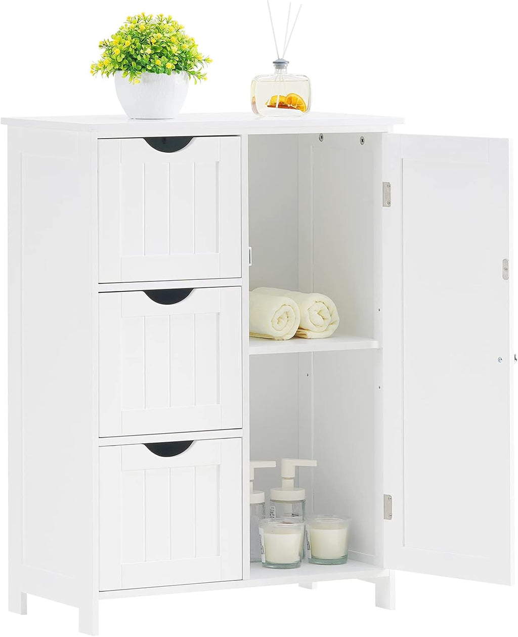 White Wooden Freestanding Bathroom Floor Cabinet with 1 Cupboard and 3 Drawers Y69844