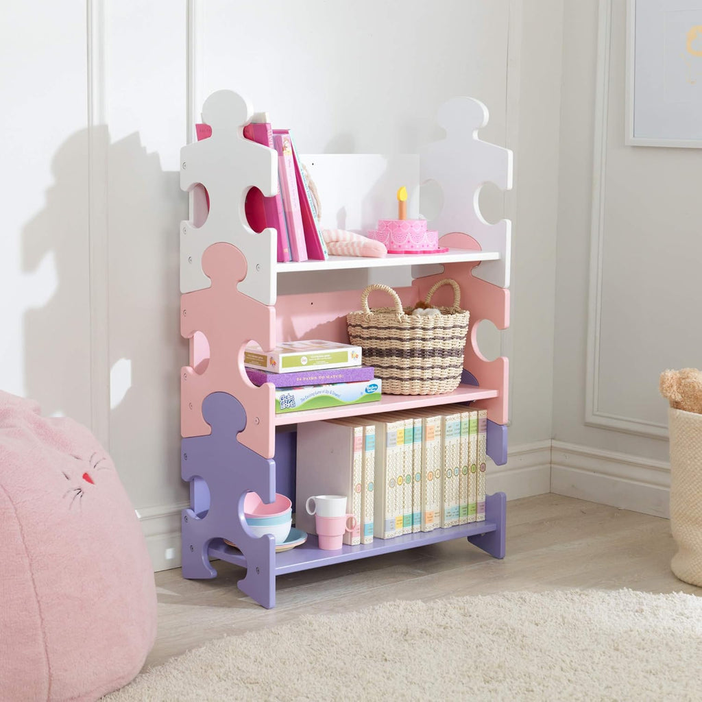 Wooden Puzzle Piece Bookcase with Three Shelves, Pastel G7217