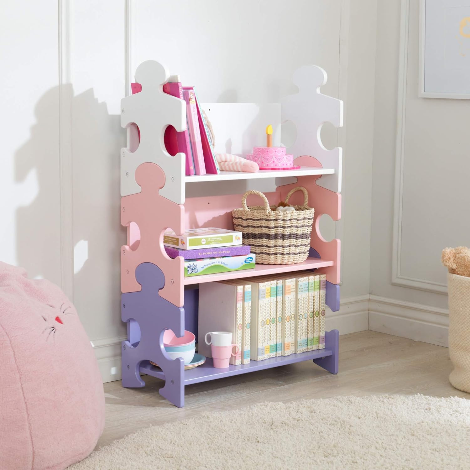 Wooden Puzzle Piece Bookcase with Three Shelves, Pastel G7217