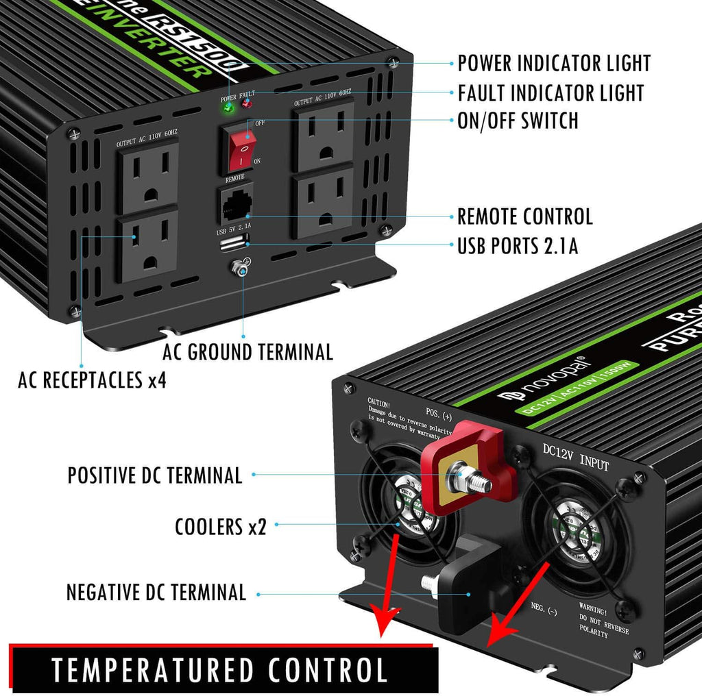 1500 Watt 12V DC to 110V AC Pure Sine Wave Power Inverter with 4 AC Outlets and Remote Control H7877