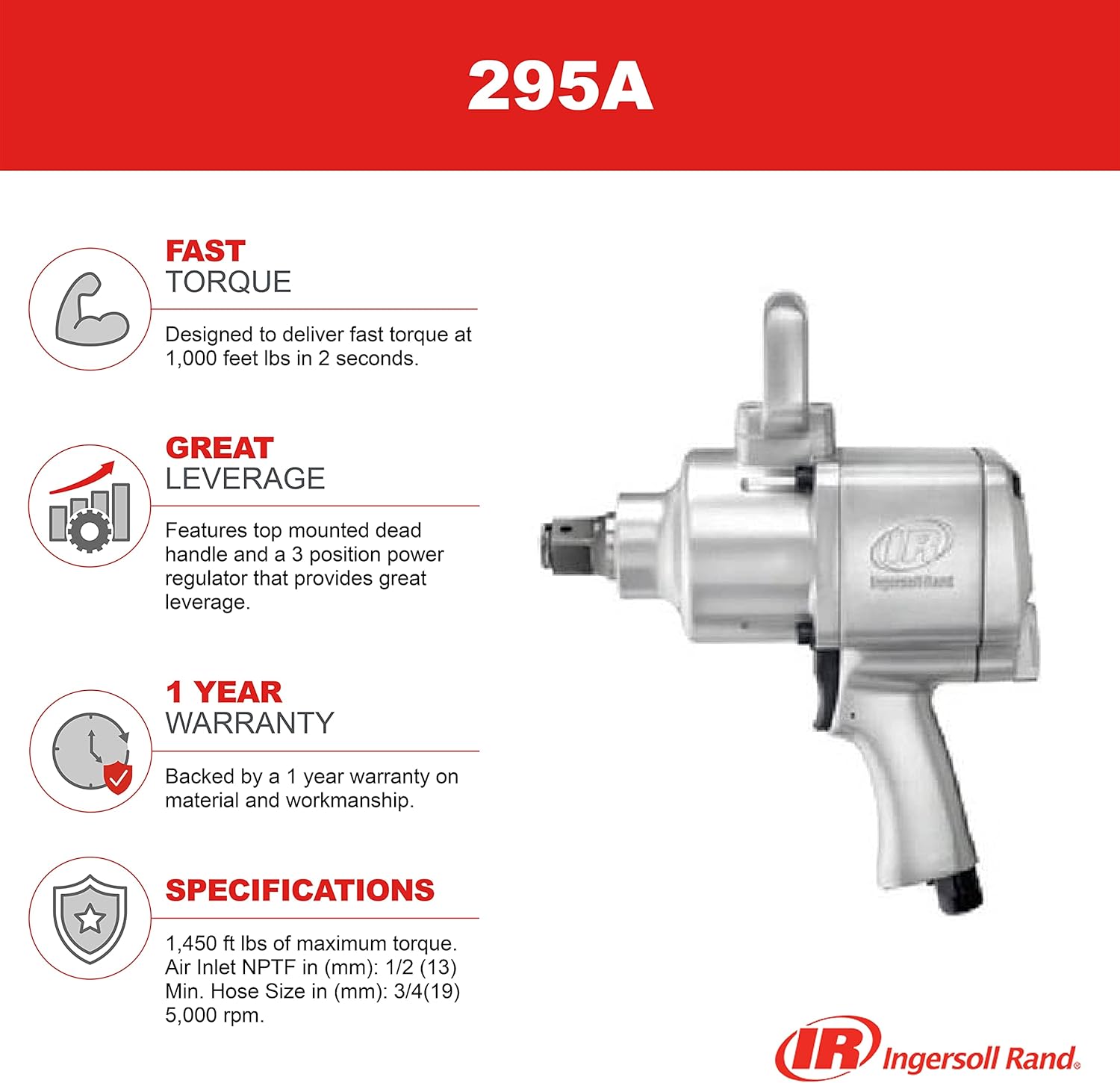 1 Inch Pneumatic Impact Wrench with 6 Inch Extended Anvil W47001