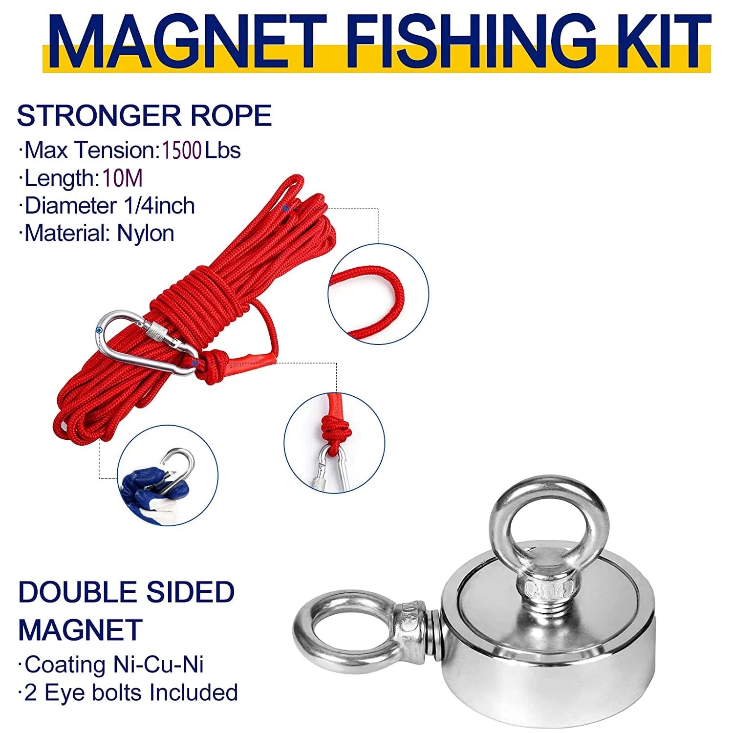 Double Side Neodymium Fishing Magnet Kit with Rope and Carabiner Z446