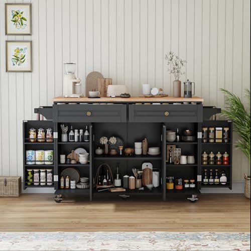 White Movable Kitchen Island with Drop Leaf and Power Outlet M6441