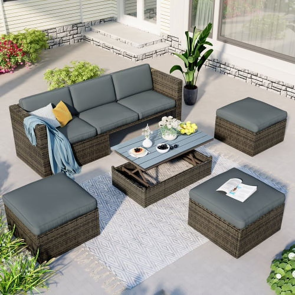 5-Piece Patio Wicker Sofa with Ottomans and Lift Top Coffee Table, Gray M9294