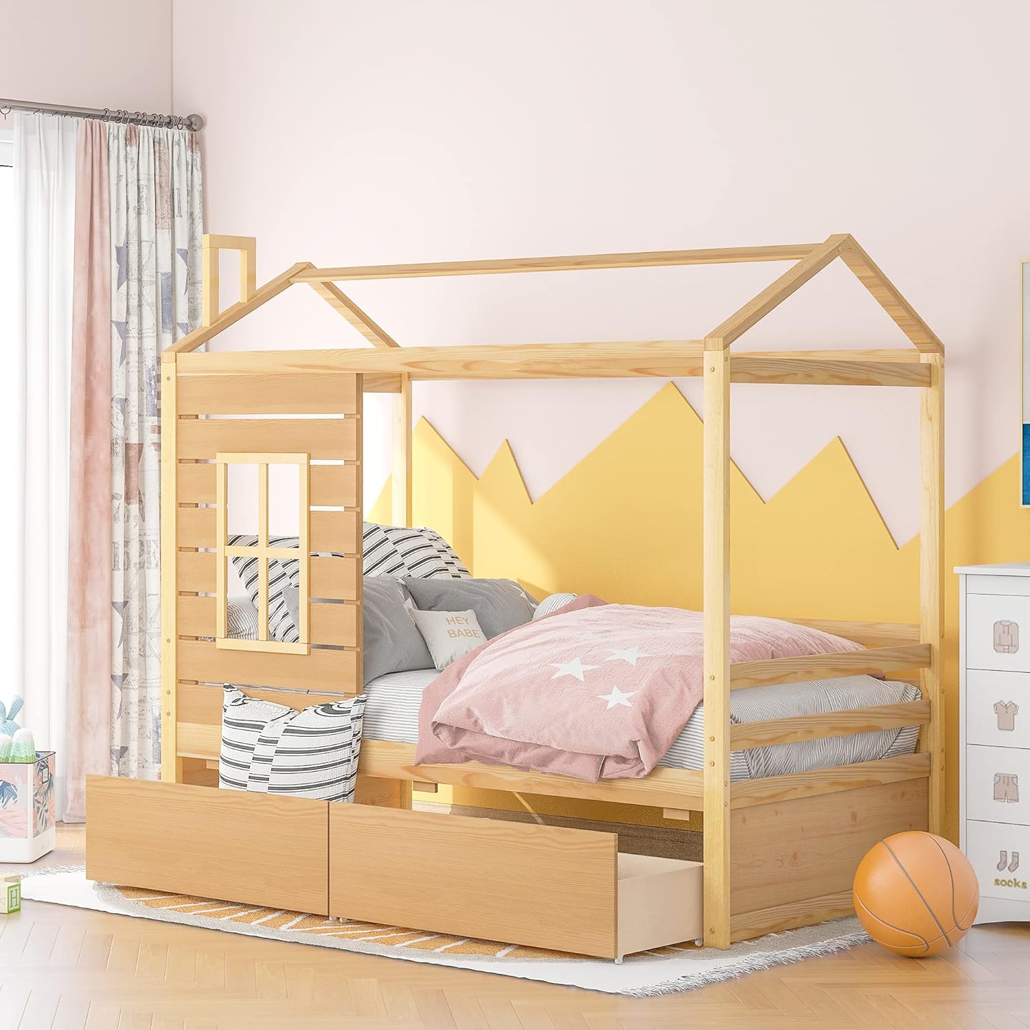White Twin Wooden Bed Frame with Roof B2039