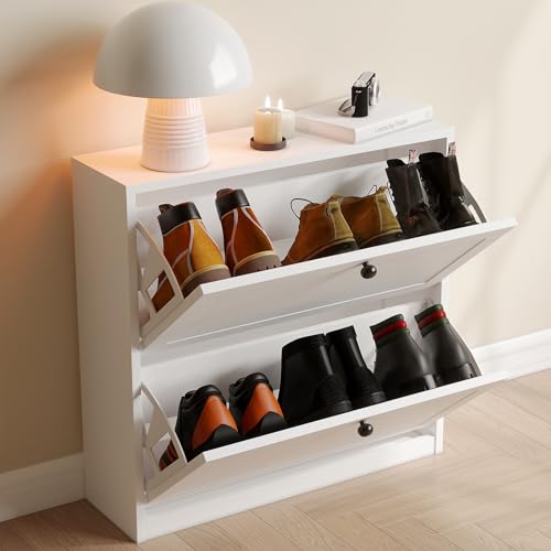White Shoe Cabinet with 2 Flip Drawers and Adjustable Shelf B194