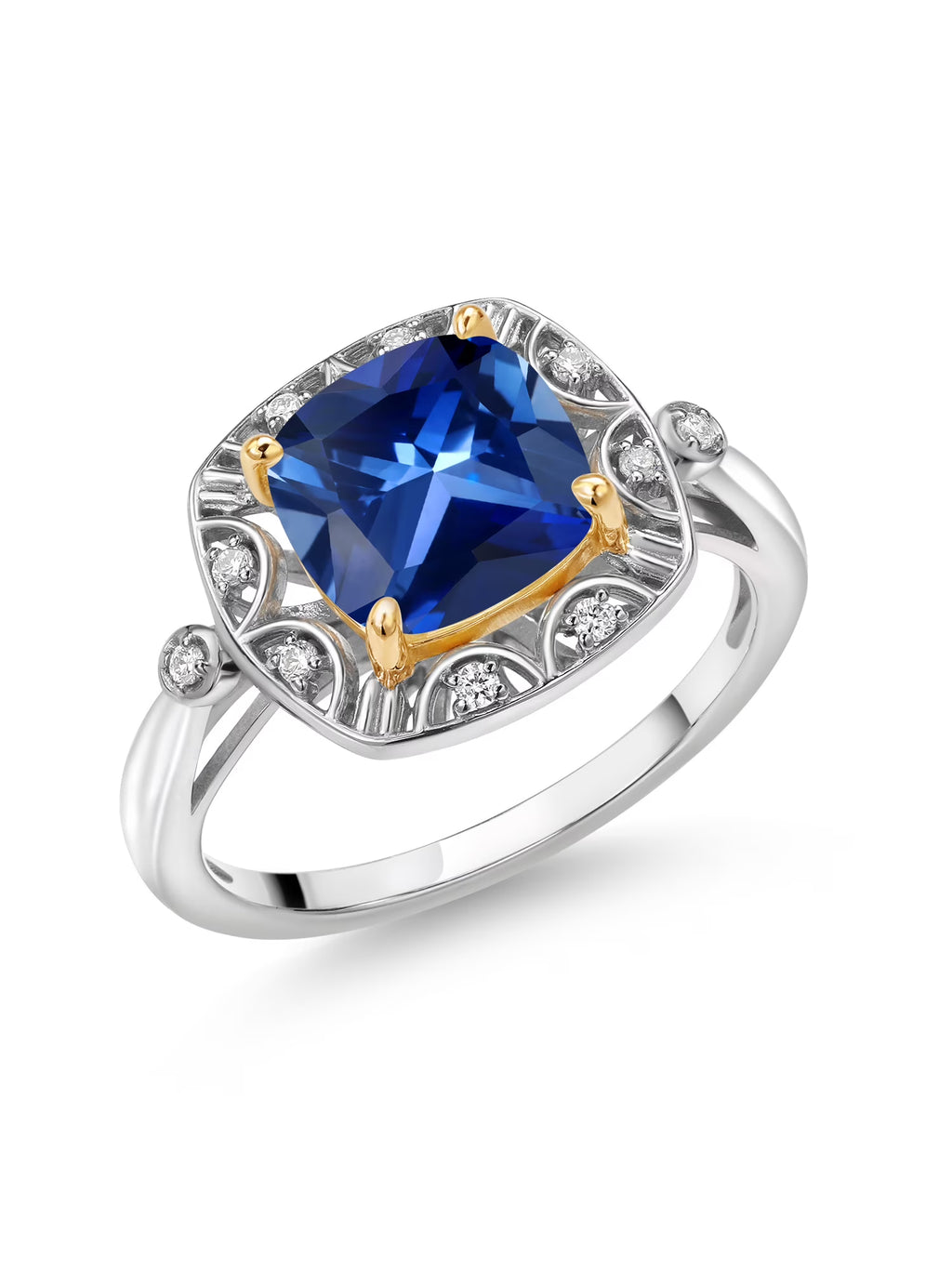 925 Sterling Silver 10k Yellow Gold Blue Created Sapphire White Lab Grown Diamond Engagement Ring H385896