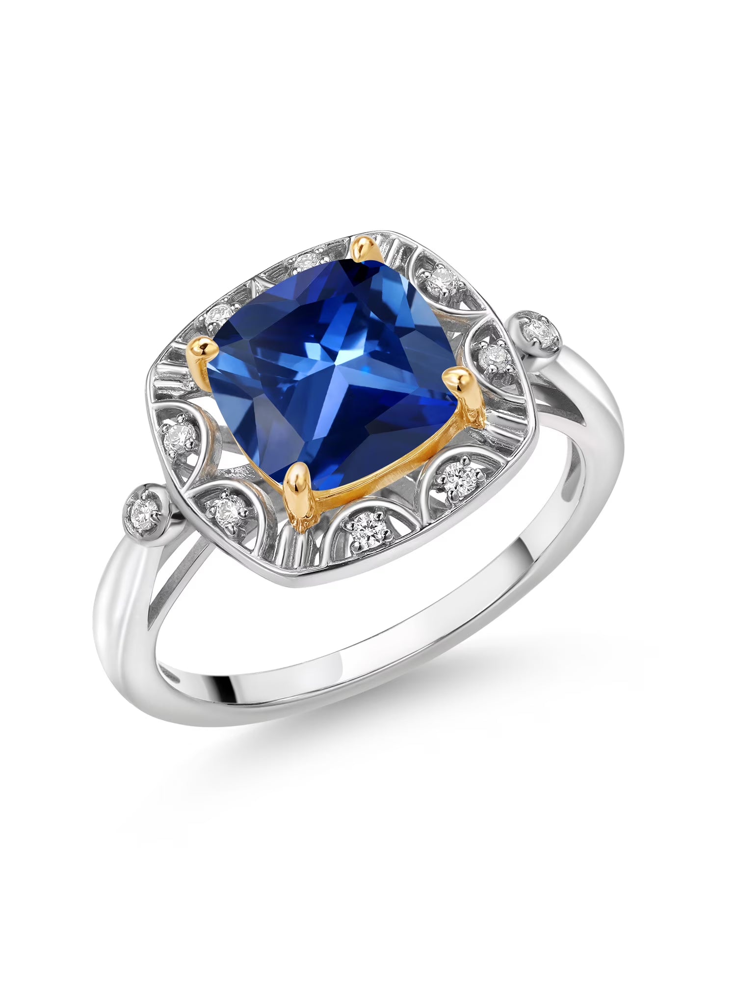 925 Sterling Silver 10k Yellow Gold Blue Created Sapphire White Lab Grown Diamond Engagement Ring H385896