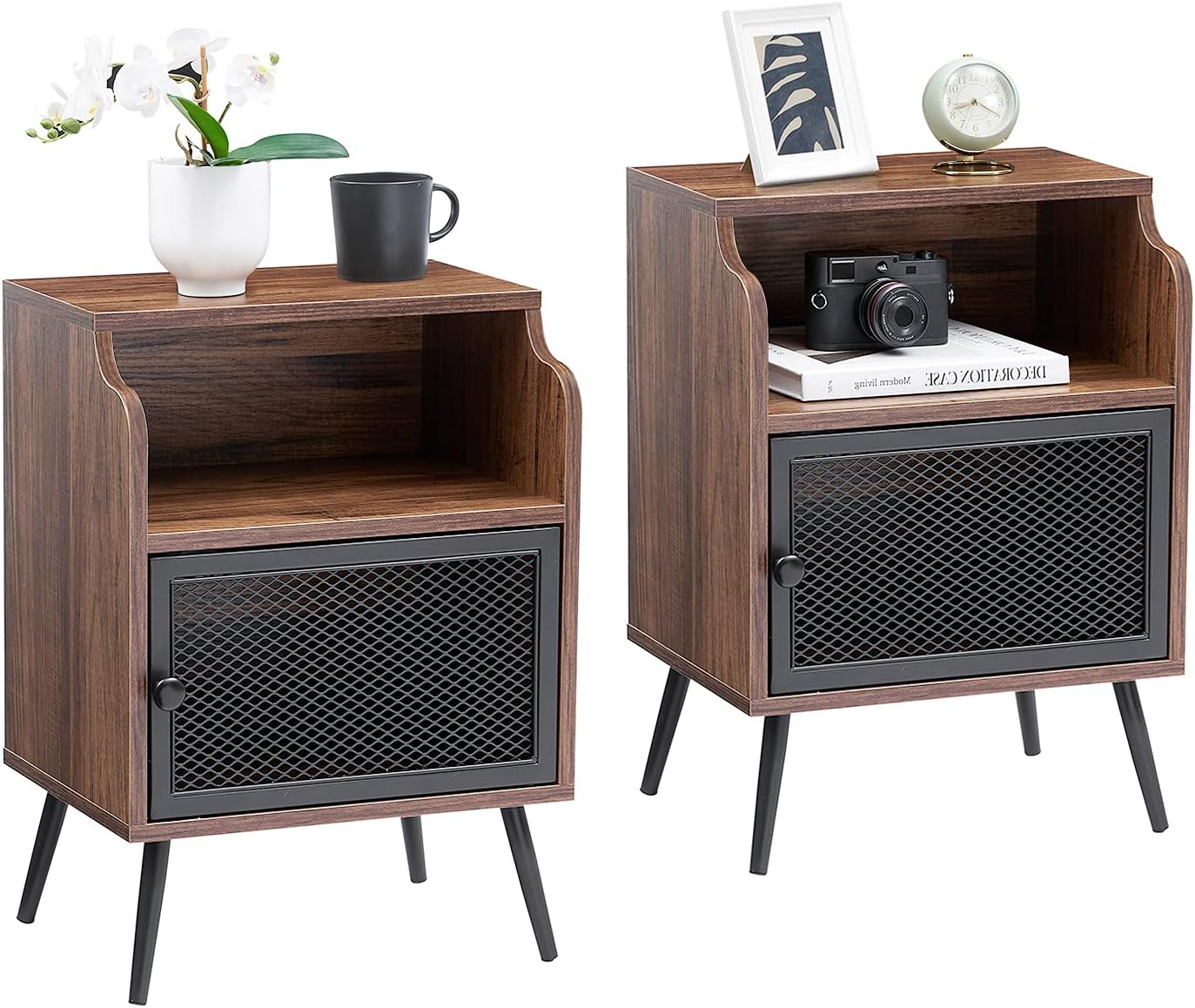Brown Metal Nightstand with Storage Cabinet and Drawer Shelf P159