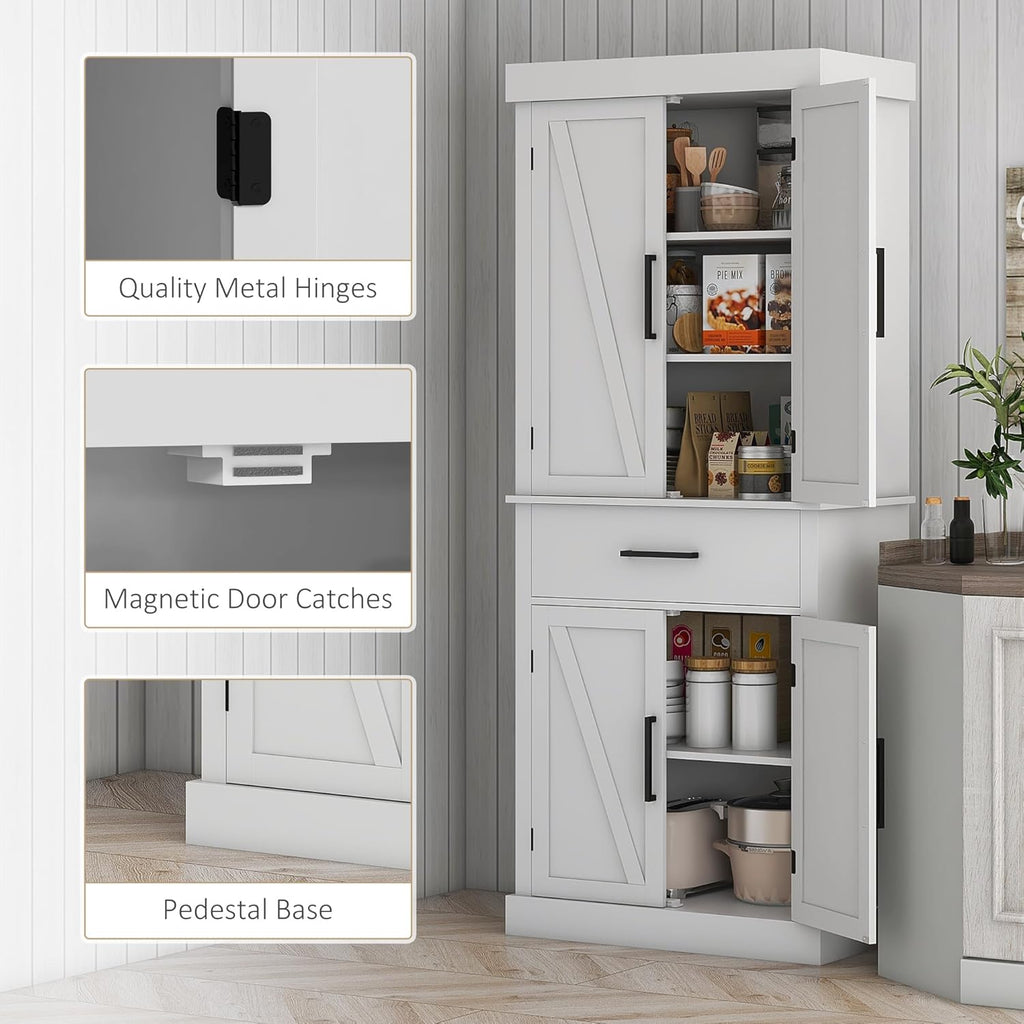 White 72" Tall Kitchen Pantry Storage Cabinet with 4 Barn Doors, Drawer, 5-Tier Shelf and Adjustable Shelves O87990