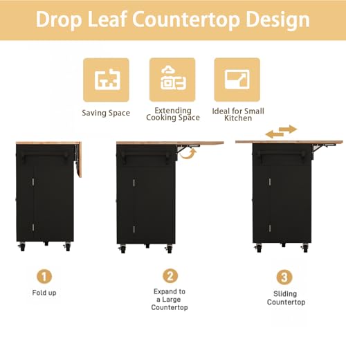 White Movable Kitchen Island with Drop Leaf and Power Outlet M6441