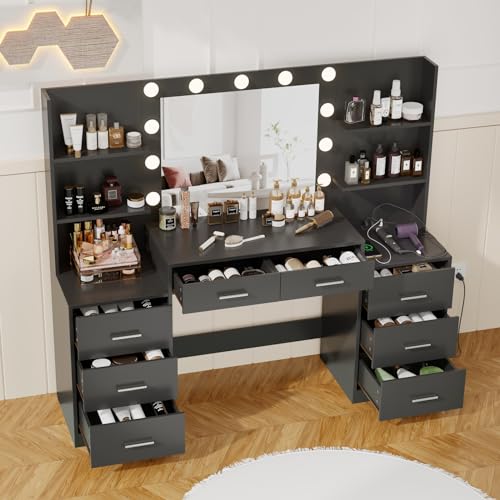 White Vanity Desk with Mirror & Lights, 8 Drawers H131