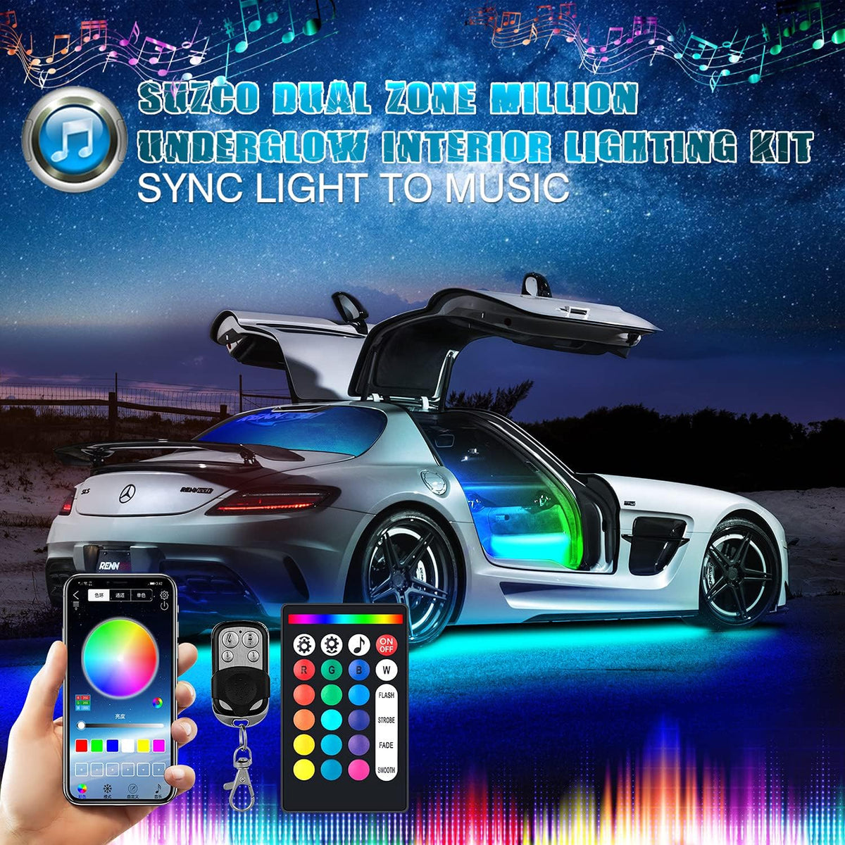 10-pods Trucks LED RGB Neon Underglow Rock Lights Kit with 4-Pcs Interior Light Kit Waterproof 12V S91047