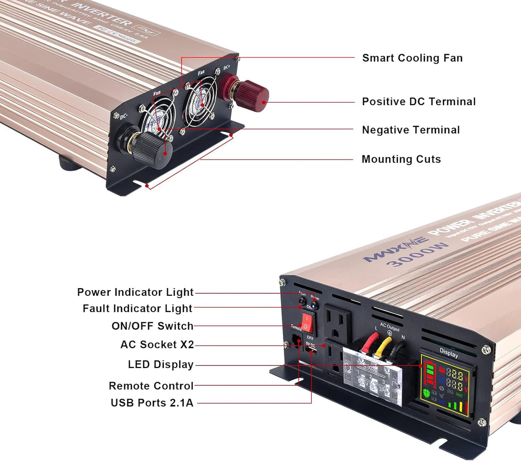 3000 Watts Pure Sine Wave Power Inverter with LCD Display and Remote Control C822