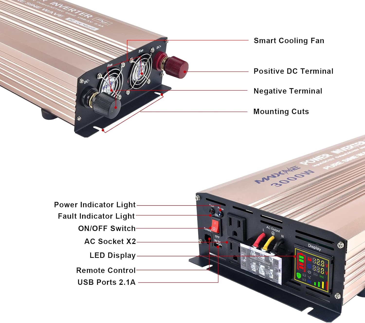 3000 Watts Pure Sine Wave Power Inverter with LCD Display and Remote Control C822
