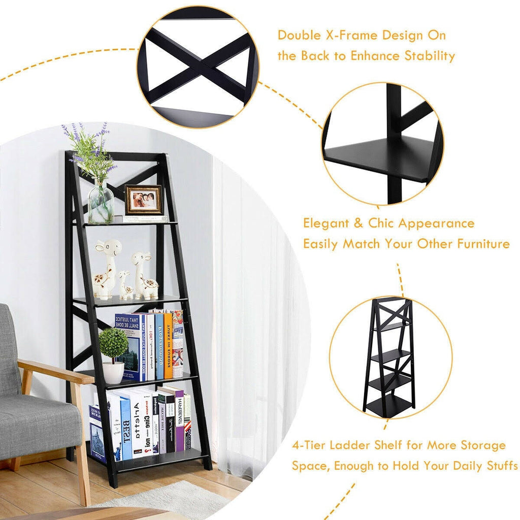 4-Tier Ladder Shelf Bookcase Storage Display - Black O6901