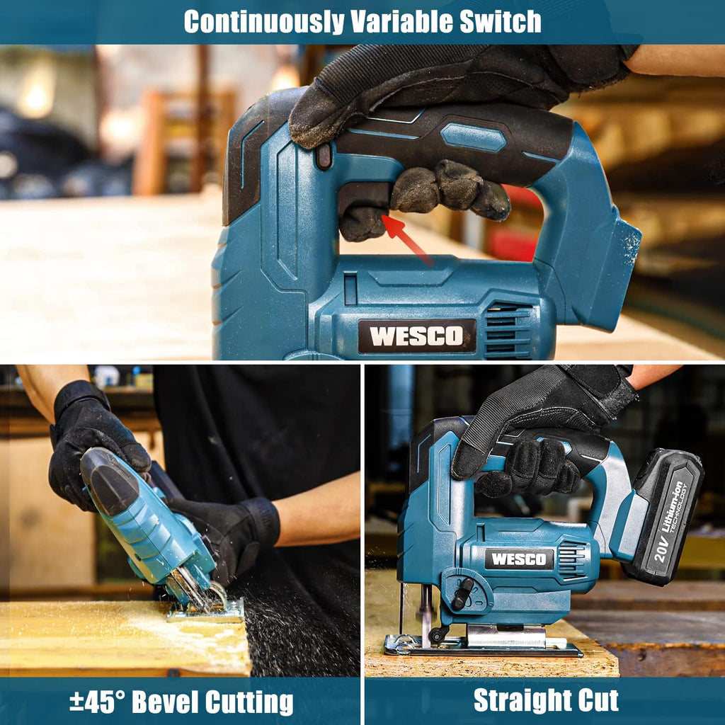 Cordless Jigsaw Tool with Battery, 2500SPM, ±45° Bevel, Adjustable Aluminum Base, LED Light, Pack of 2 Z793458