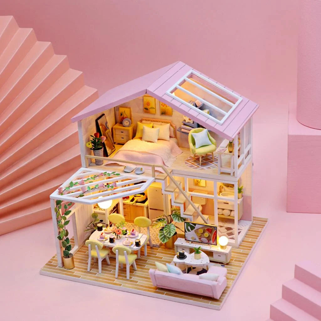 Wooden Doll House Building Puzzle with Furniture and LED Light K4953