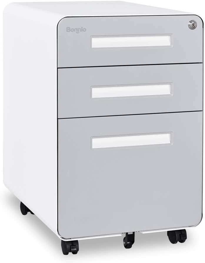 3 Drawer Metal Gray White Rolling File Cabinet with Lock Y218