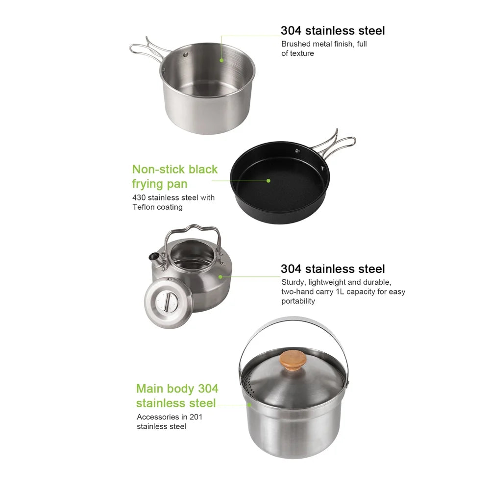 Stainless Steel Camping Cookware Set with Pot Frying Pan Kettle J3784