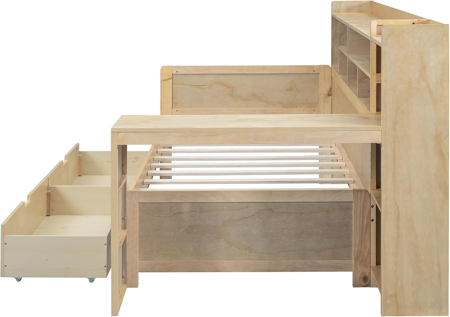 Twin Size Wooden Daybed with Storage Bookshelf, Study Desk and 2 Drawers P8481