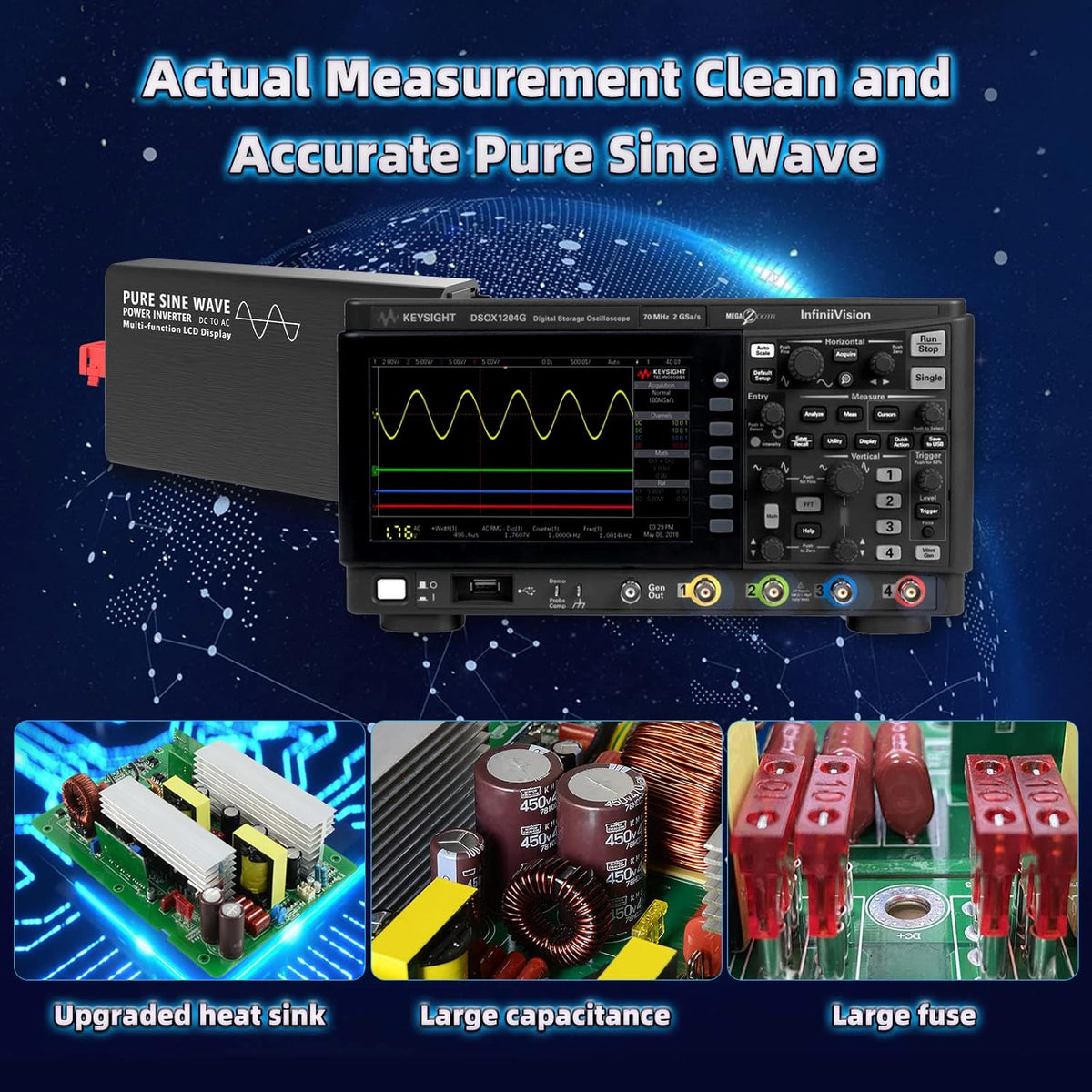 1000W Pure Sine Wave Power Inverter DC 24V to AC 110V-130V with LCD Display and Wireless Remote Control H5087