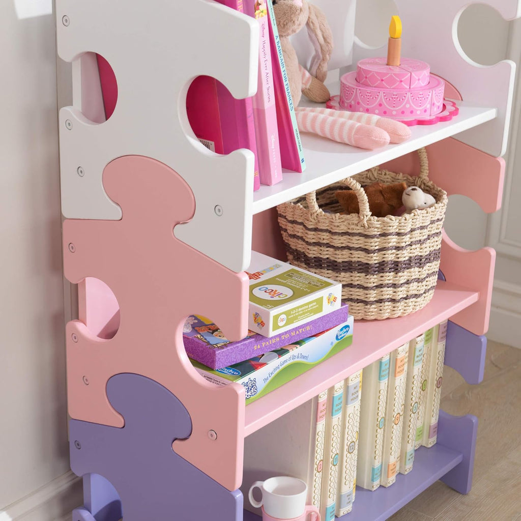 Wooden Puzzle Piece Bookcase with Three Shelves, Pastel G7217