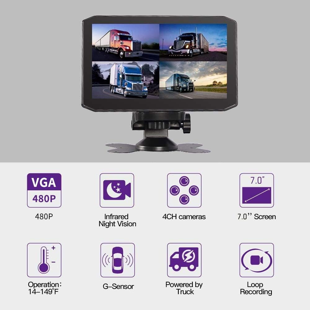 4CH Dash Cam Backup Camera 7.0'' Monitor Recording DVR Front & Sides & Rear VGA with Infrared Night Vision Lens S68878