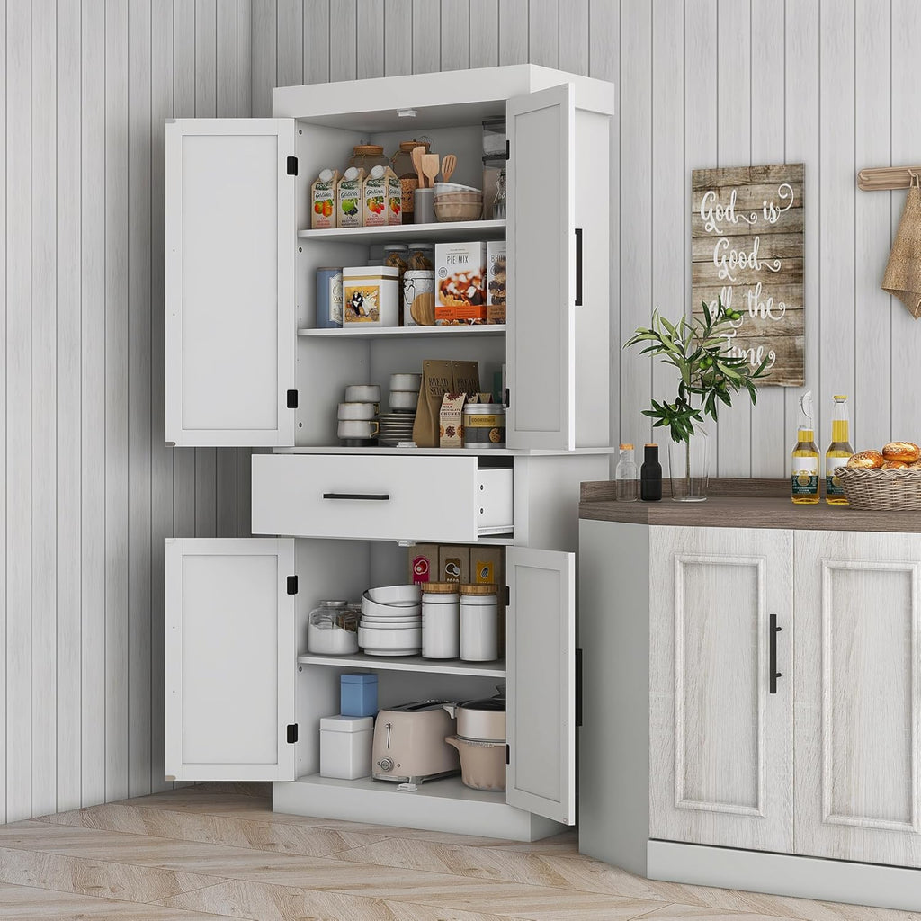 White 72" Tall Kitchen Pantry Storage Cabinet with 4 Barn Doors, Drawer, 5-Tier Shelf and Adjustable Shelves O87990