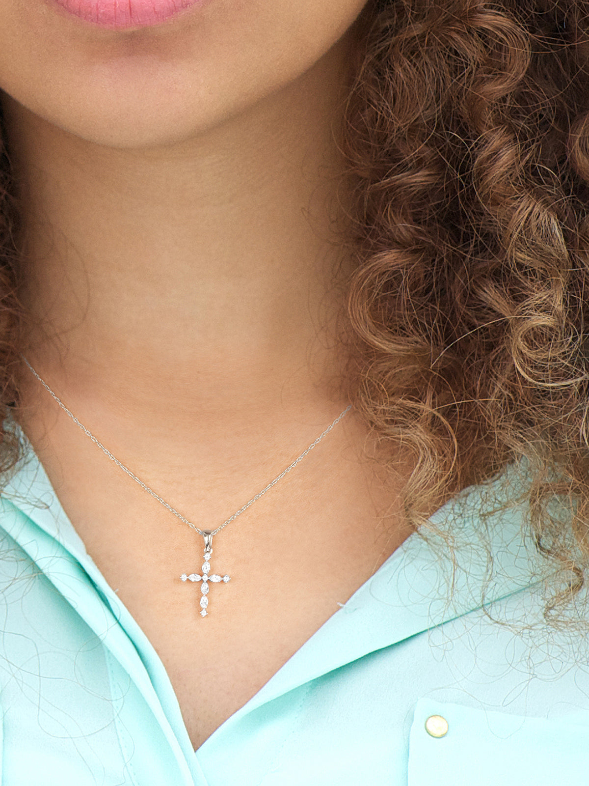 10K White Gold Marquise and Round Diamond Cross Pendant Necklace T4074