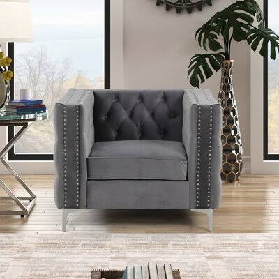 Gray Velvet Tufted Velvet Armchair J1878